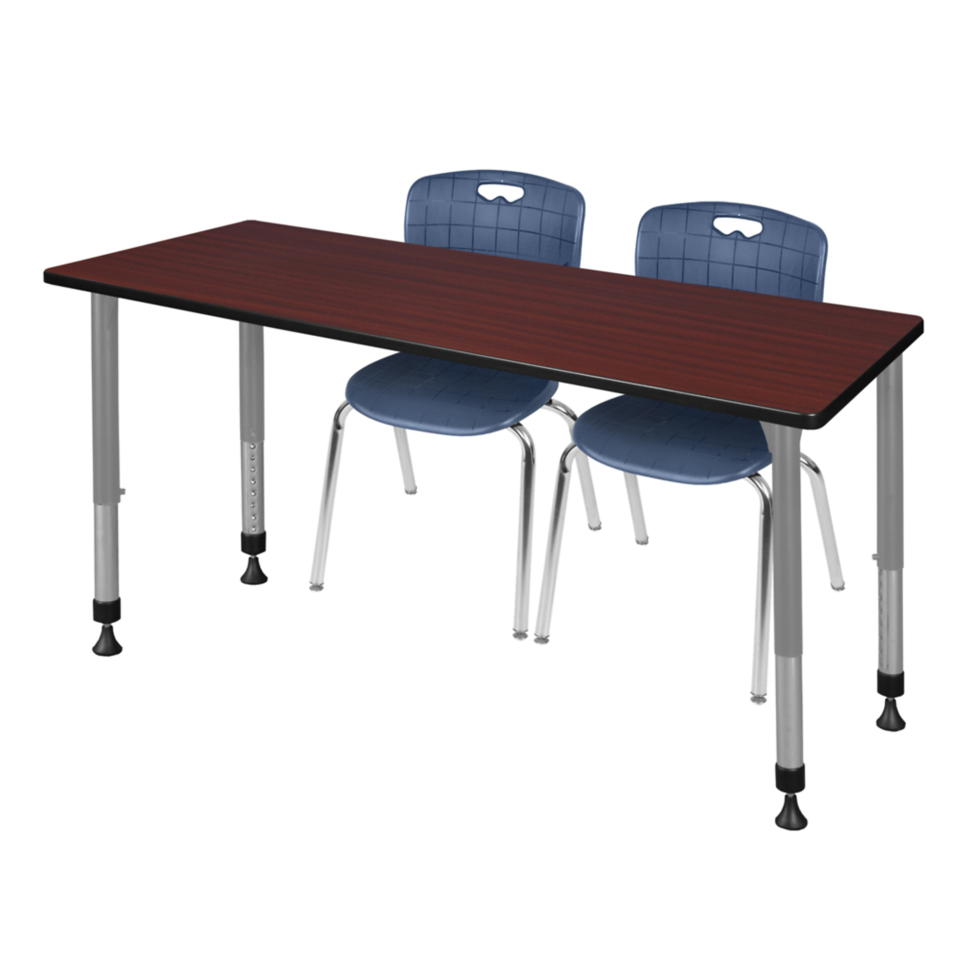 Regency Kee Adjustable Classroom Table and Chairs Set — 72in. x 24in. Table, Mahogany, 2 Andy 18in. Stack Chairs, Blue/Grey, Model# MT7224MHAPGY40NV